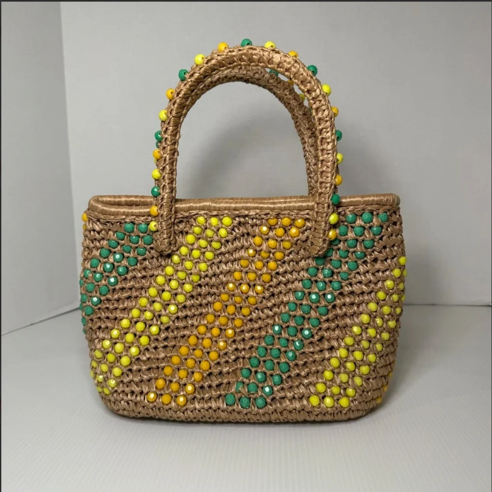 Vintage Macrame Handbag Straw Multicolor Beaded Purse Unique Made In Japan NIB - Picture 8 of 8